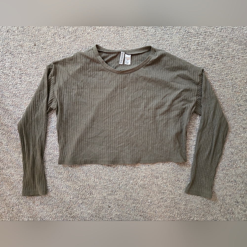 SMALL Green Ribbed Crop Long Sleeve Tee - H&M